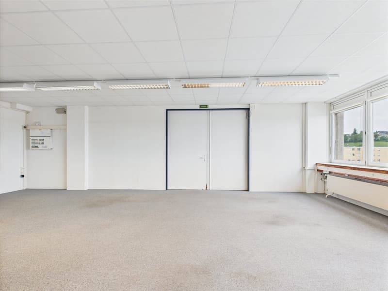 A room with white walls, ceiling, and carpeted floor, double doors, windows, power outlets, heating system