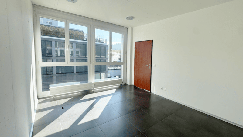 Empty room, large windows, tiled floor, wooden door, white walls