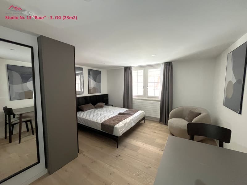bed, two nightstands, two pillows, chair, table, chair, armchair, desk, chairs, mirrors, wall decorations