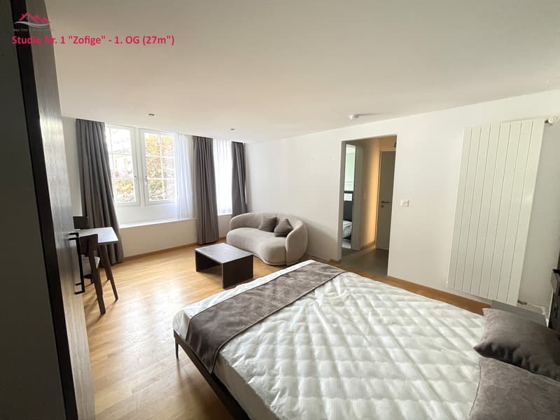 room with bed, coffee table, sofa, desk, chair, windows, radiator