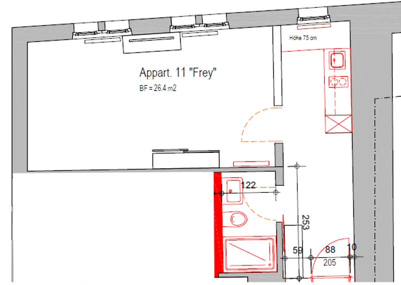 Floor plan: living room, kitchen, bedroom, bathroom, closet