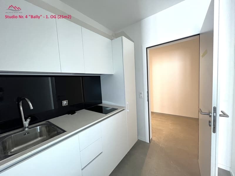 modern kitchen with stainless steel sink, countertops, built-in appliances, open doorway
