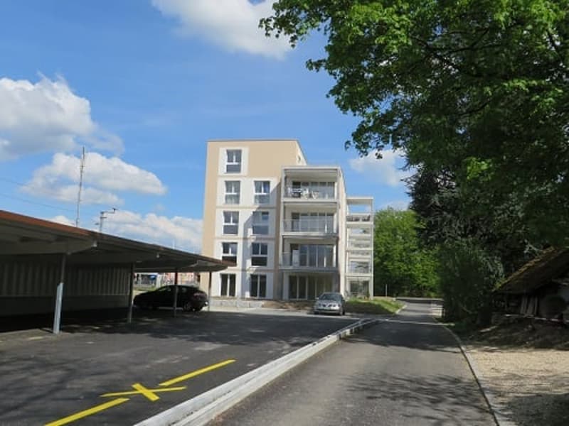 An apartment building with a car parked in front, several windows, balcony, trees