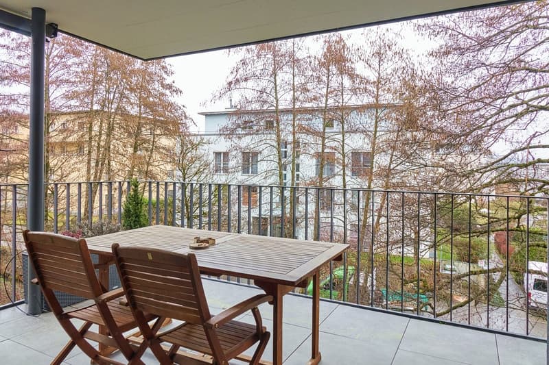 wooden table, wooden chairs, metal railing, tree views