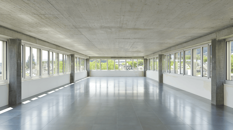wide space, large windows, concrete floor, concrete walls