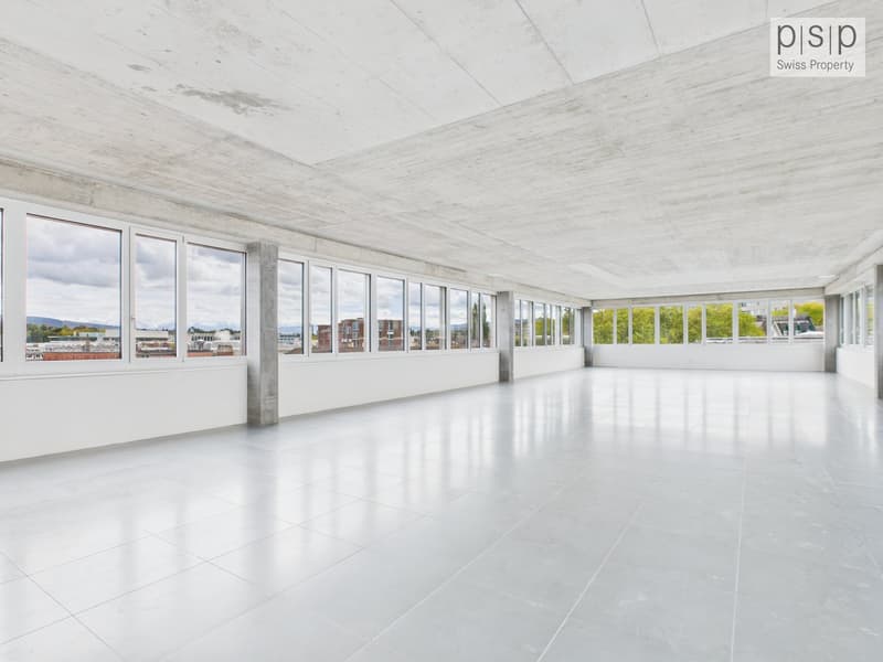 Empty room, high ceiling, large windows, tiled floor, modern design, wide-angle view