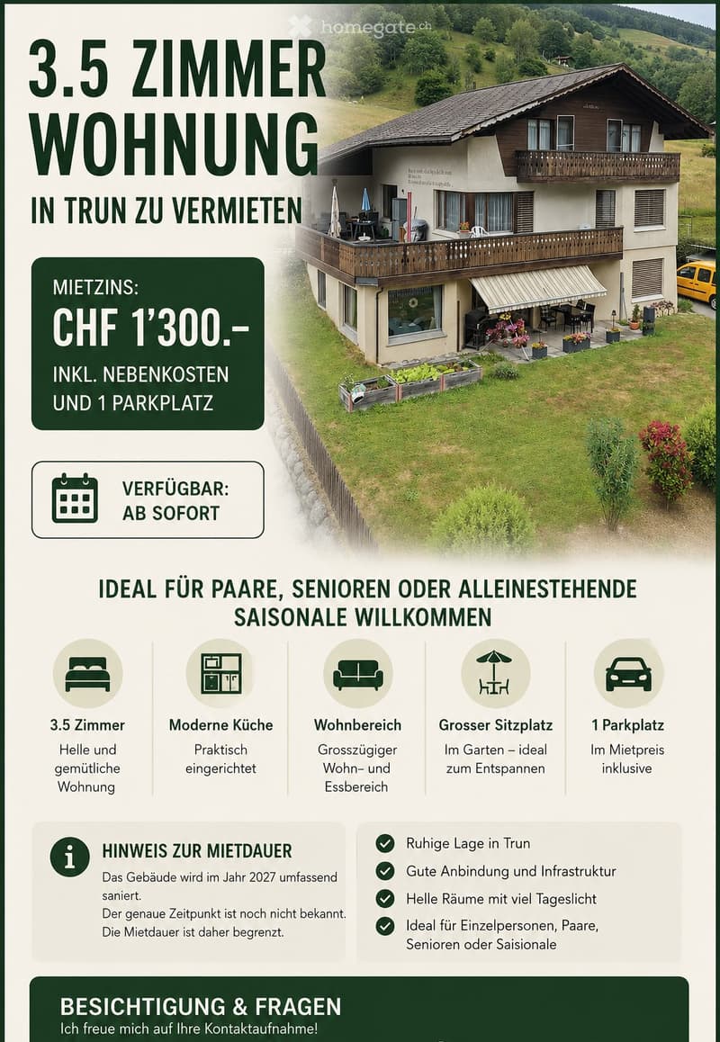 3.5-Zimmer-Wohnung in Trun, CHF 1'300. inkl. NK & Parkplatz (1)