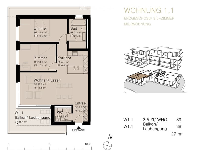 3.5 Zimmerwohnung im Ergeschoss, drei Seiten im Grünbereich (3)