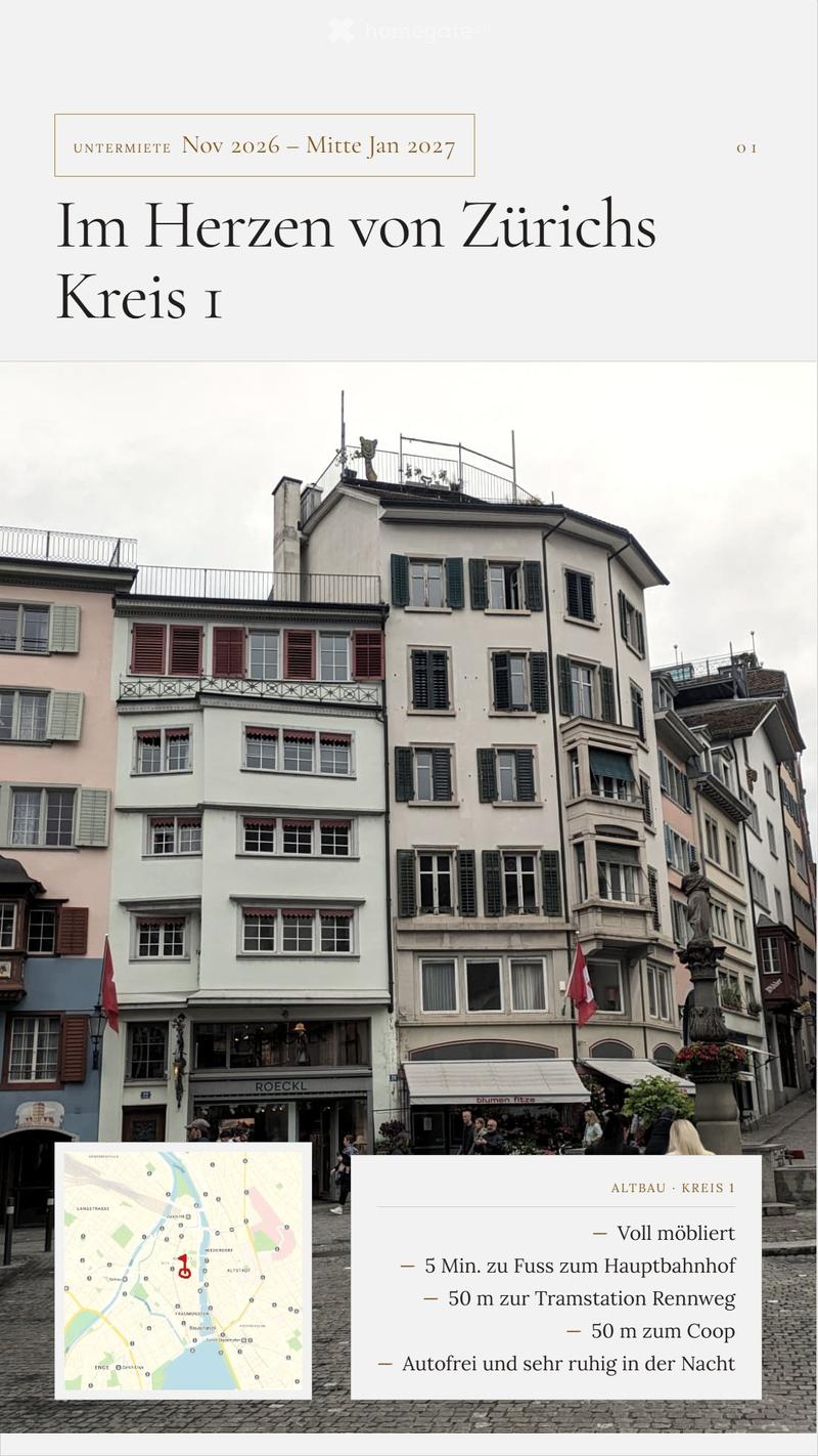 Untermiete: möblierte Wohnung im Herzen von Zürichs Kreis 1 (1)