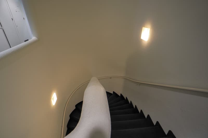 Staircase, black steps, white rails, illuminated steps