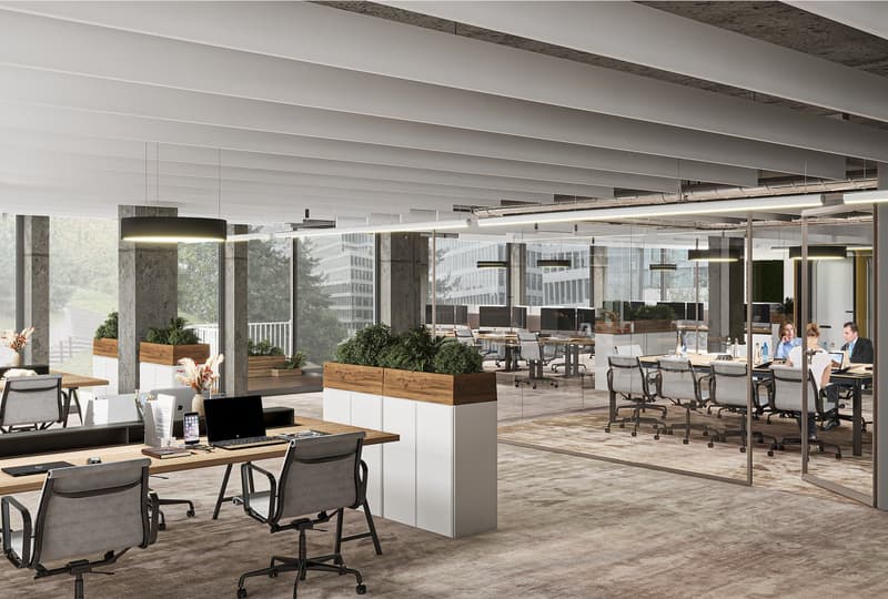 modern office space, multiple desks, chairs, meeting table, glass partitions, plants, trees, office equipment, large windows