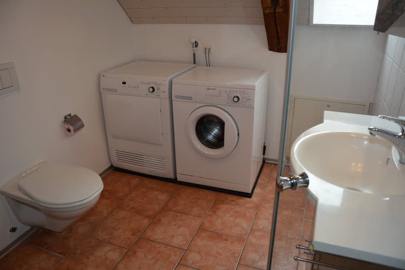 A small bathroom with a toilet, washing machine, and dishwasher.