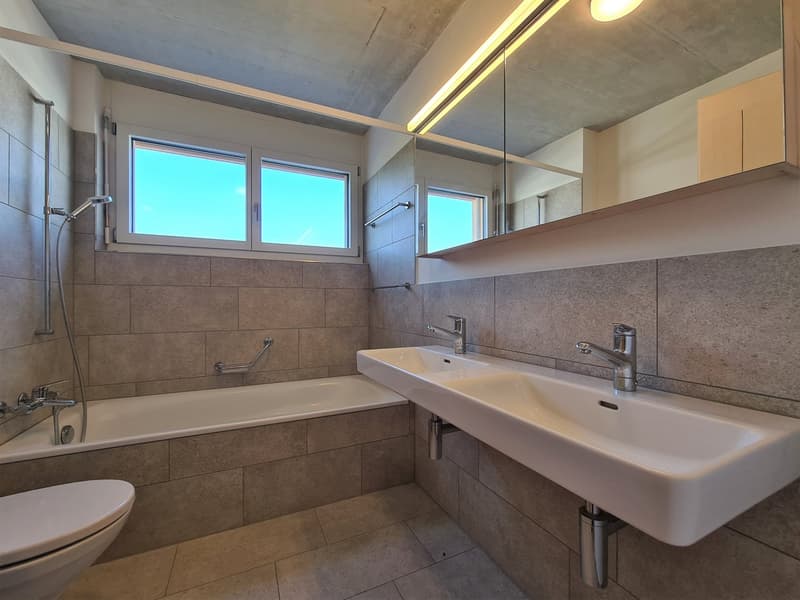 Modern bathroom with bathtub, double sink, shower, toilet, and wall-mounted mirror with light