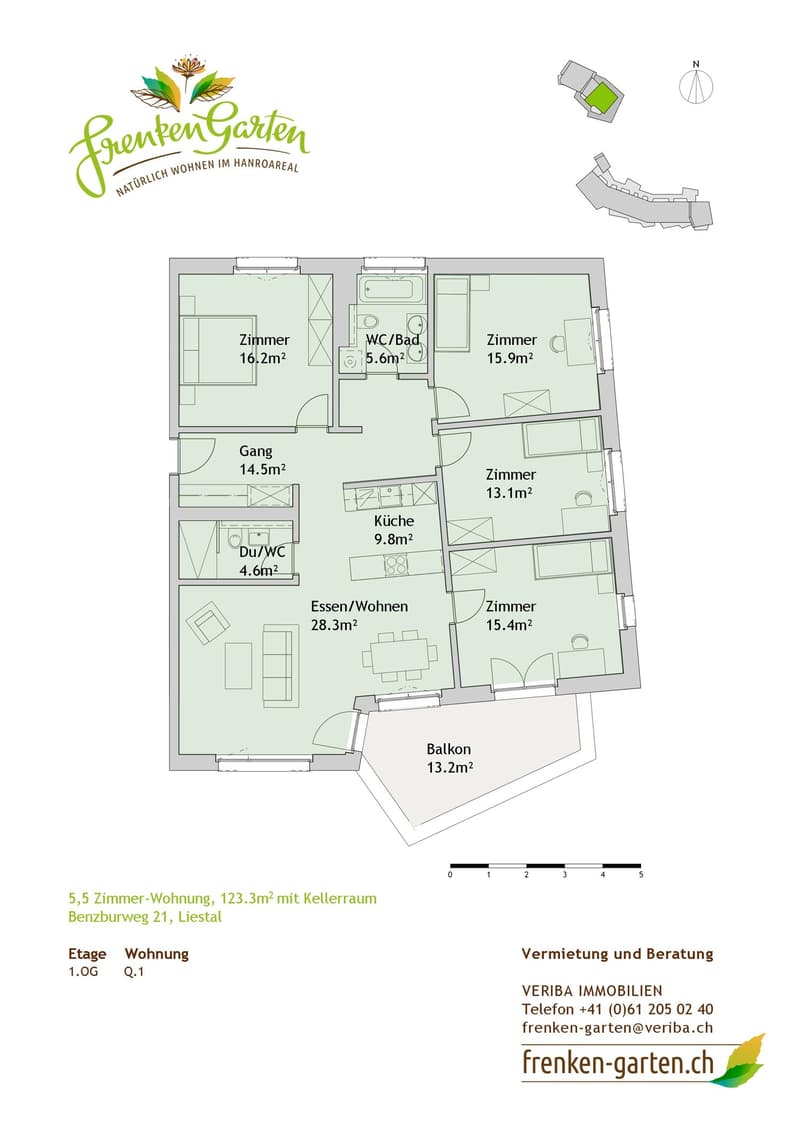 Floor plan, 5,5 Zimmer-Wohnung, 123.3m² mit Kellerraum, 1.OG Q.1, 5 bedrooms, WC/Bath, Kitchen, Dining/Living room, Balkon