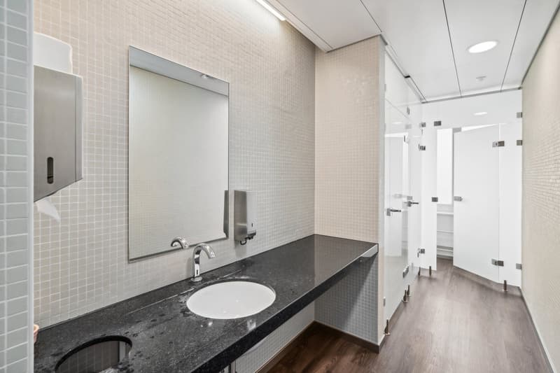 Modern bathroom with white tile walls, black granite countertop, large mirror, and stainless steel fixtures. The bathroom also has a hallway visible with white doors.