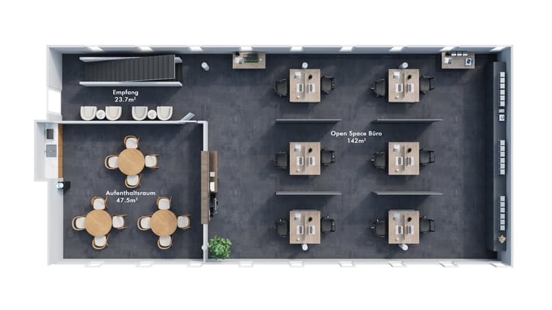 reception area, workstations, meeting rooms, restrooms, outdoor area