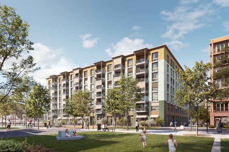 High-rise residential building, multiple balconies, green trees, paved walkway, grassy areas, people walking and sitting