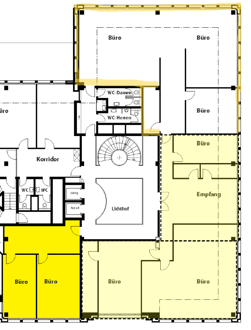 Entrance hall, 4 offices, 2 bathrooms, stairwell, storage room