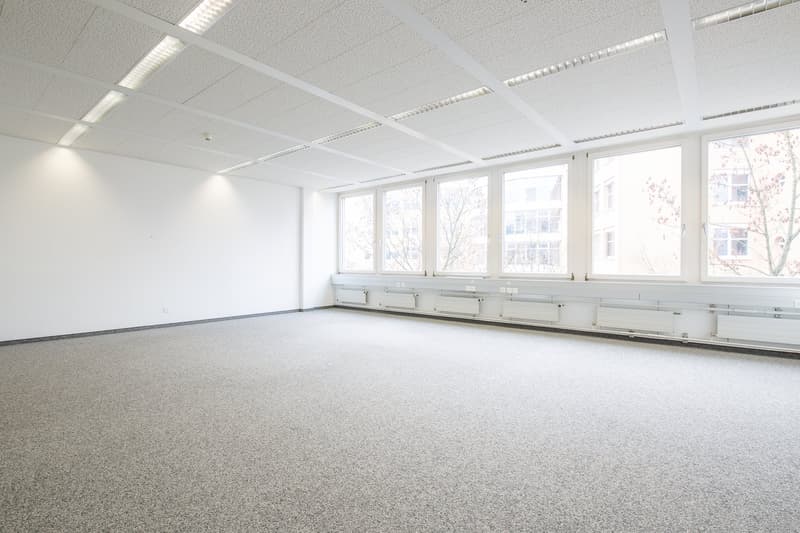 Large open office space with multiple windows providing a view, white walls, gray flooring, suspended ceiling with recessed lighting
