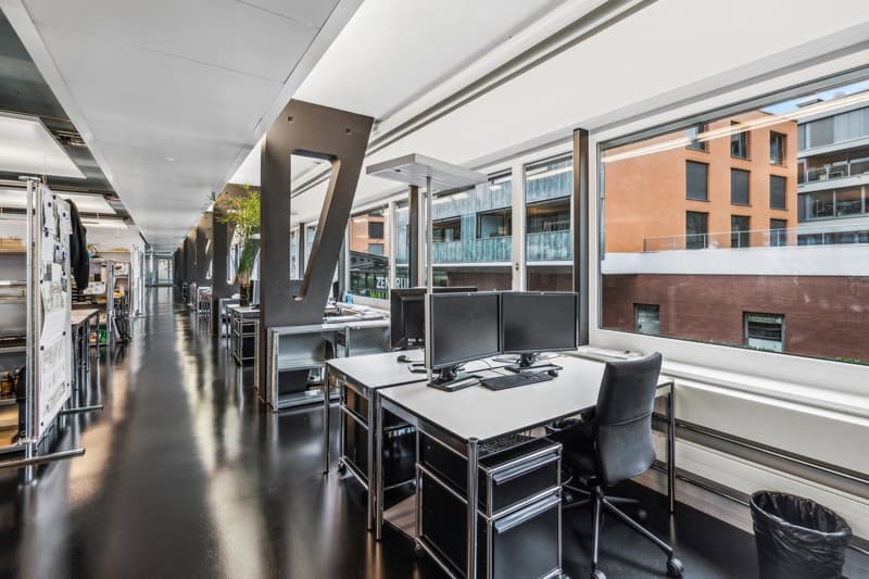 Modern office with computer desks, monitors, keyboards, potted plants, trash can, large windows