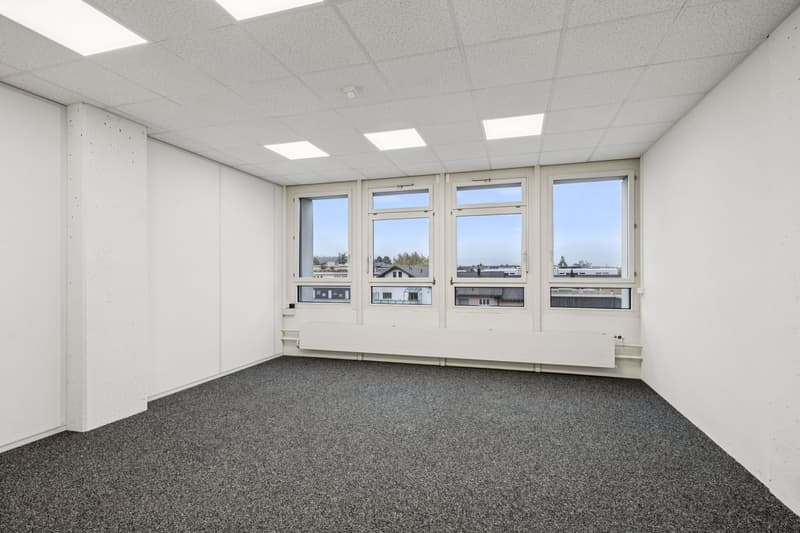 empty room with white walls, gray carpet, three windows, heating radiators
