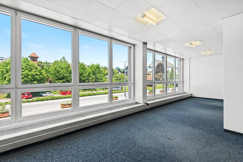 an empty office space with white walls, blue carpet, and large windows with a view of the outdoors