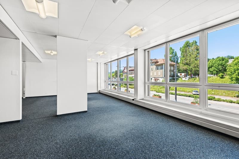 empty room, carpeted floor, large windows with view, ceiling lights