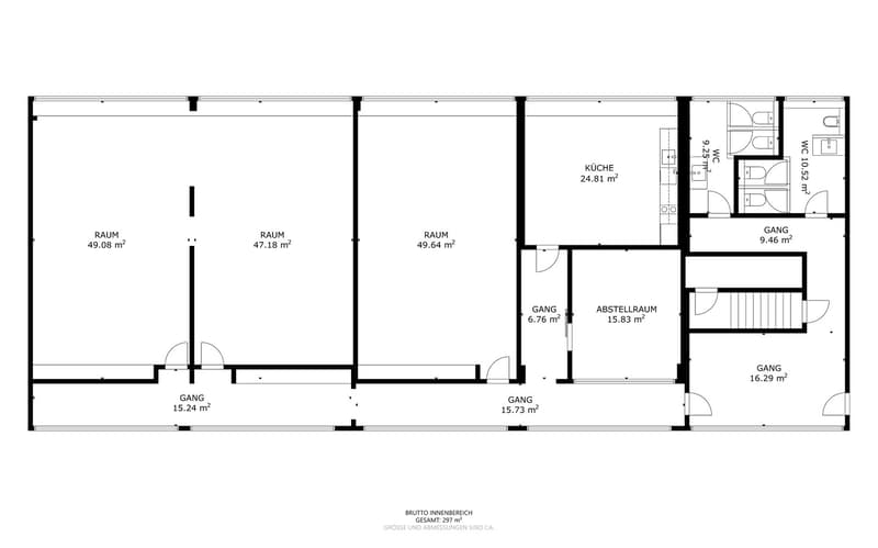 layout including a kitchen, multiple rooms, a hallway, and a bathroom