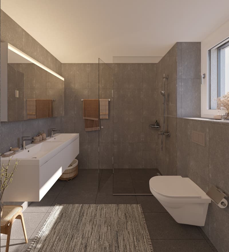 Modern bathroom with double sink, walk-in shower, and large mirror.