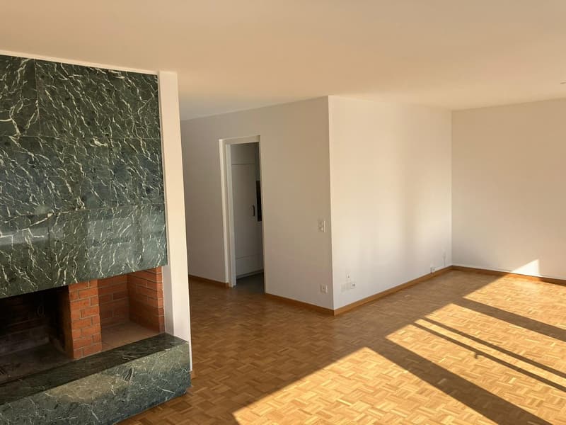 empty room, marble fireplace, wooden flooring, white walls