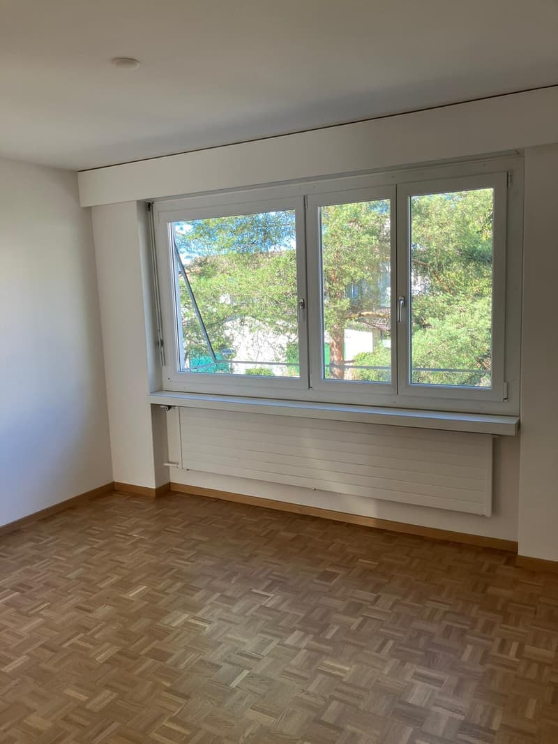 Empty room, large windows, parquet floor, radiator, view of trees outside