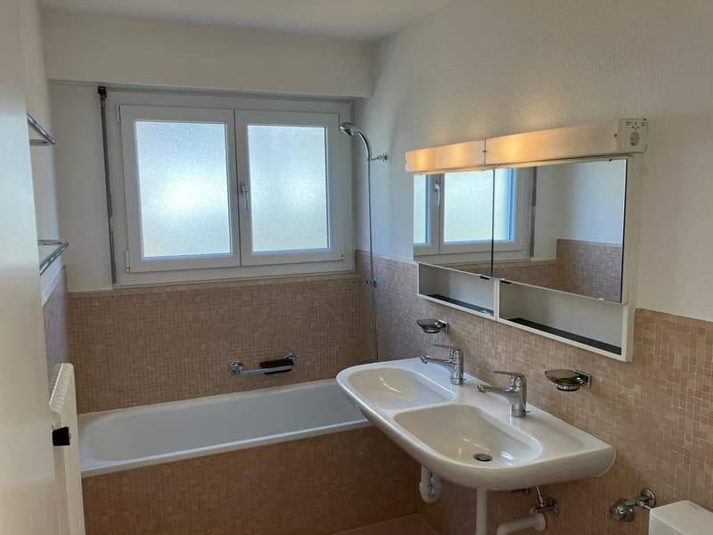 Bathroom with bathtub, double sink, mirror, and shower head. Tiled walls and floors, white walls.