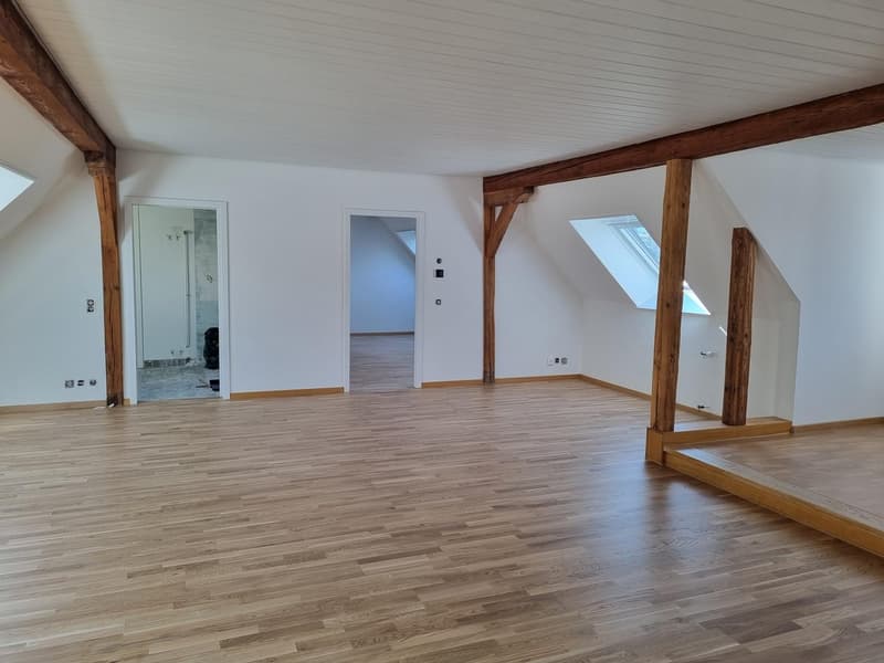 empty room, wooden floor, white walls, wooden beams, skylights