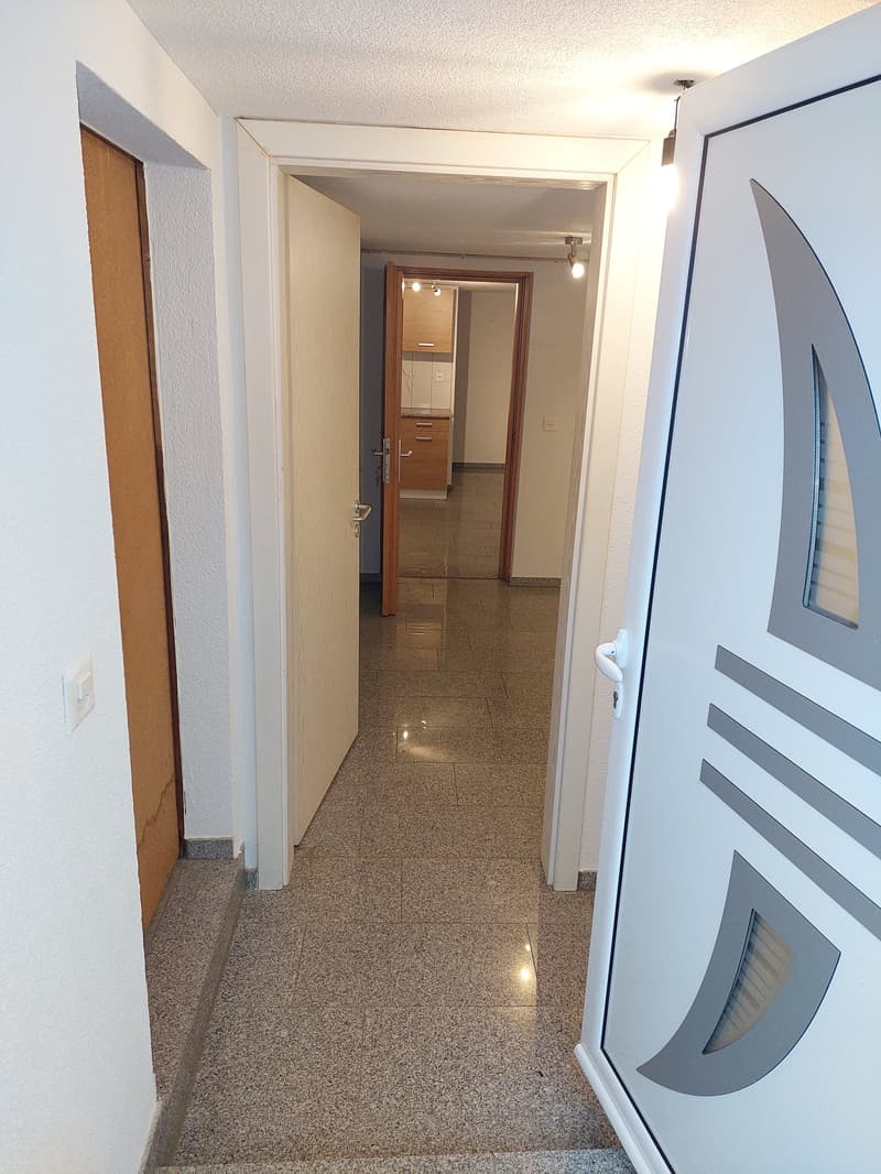 The image shows the interior of an apartment, with a hallway leading to other rooms. The hallway has a tiled floor and wooden doors. A washing machine is visible in one of the rooms, indicating the presence of a private washing machine.