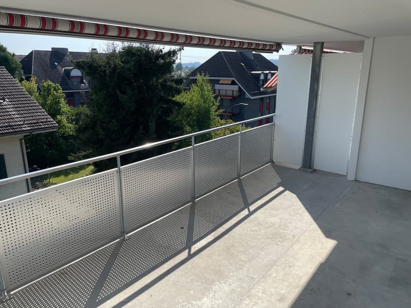 Balcony with metal railing, concrete floor, view of trees and houses