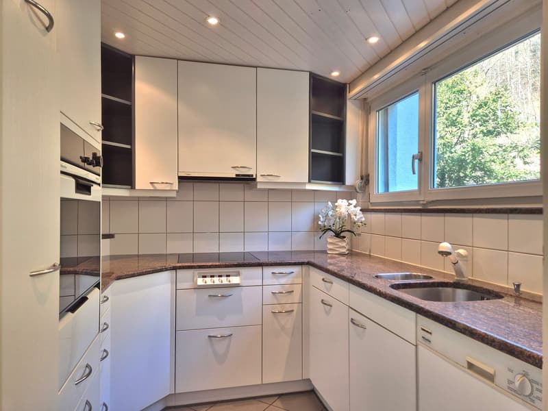 modern kitchen, white cabinets, marble countertops, double sink, gas stove, built-in oven, dishwasher, window with view to outside