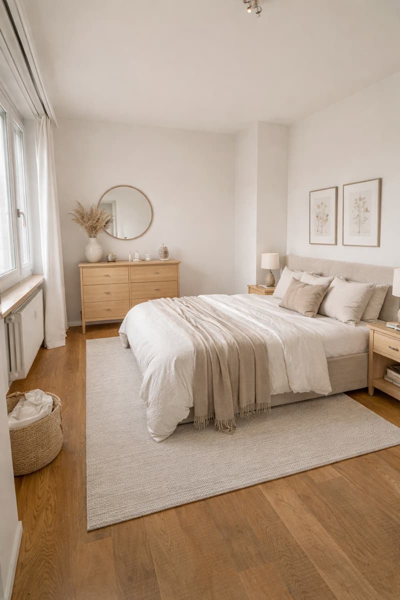 Bedroom with a bed, wooden dresser, nightstands, lamps, mirror, and a rug