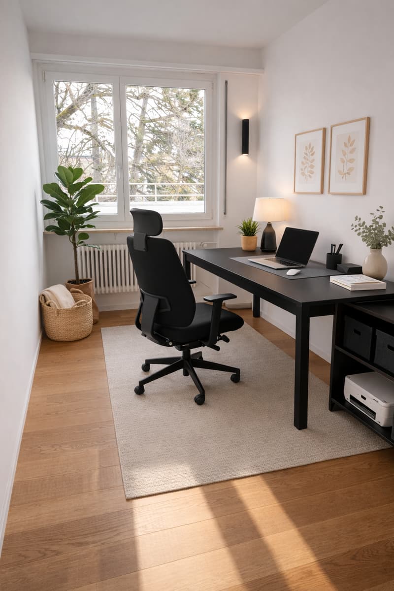 A desk with a laptop, a lamp, a chair, a basket, a plant, and a window with a view of trees.