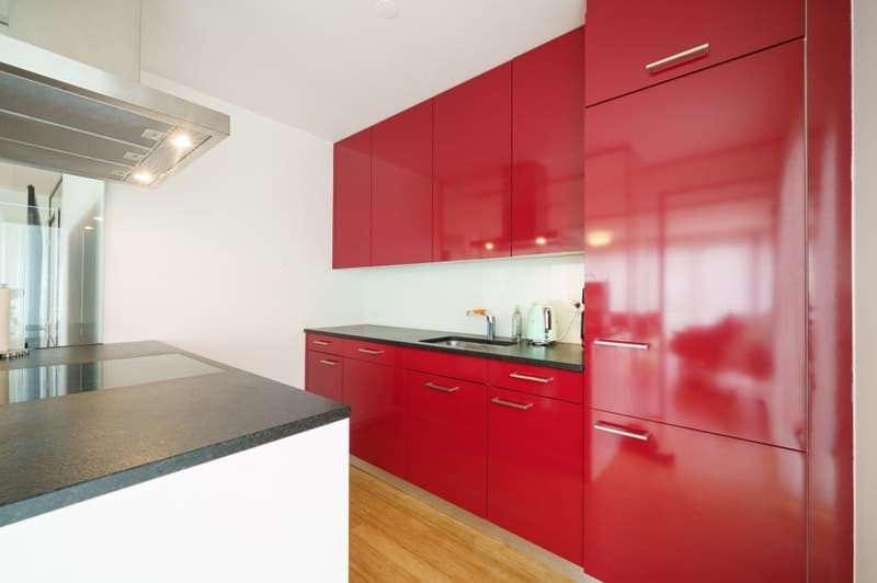 modern kitchen with red cabinets, black countertops, stainless steel appliances, wooden floor