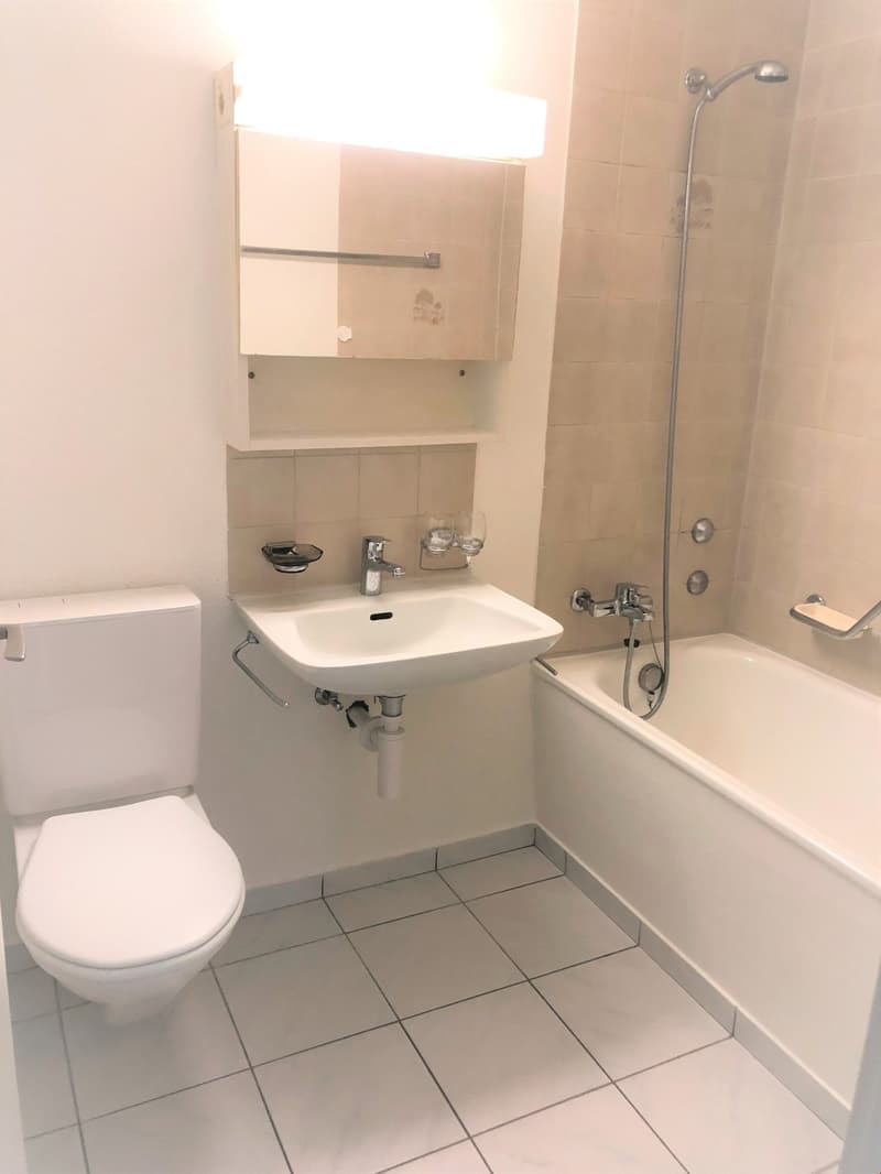 Bathroom with white tiles, a sink, a toilet, and a bathtub with a shower head.
