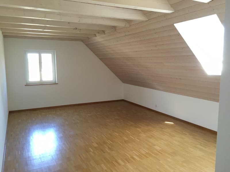 empty room, wooden floor, white walls, wooden ceiling, window, skylight