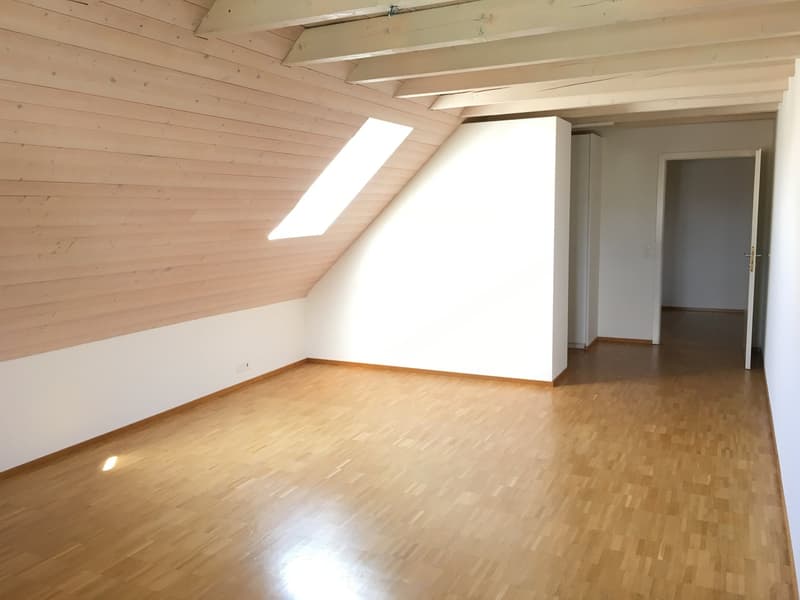 empty room, wooden floor, wooden ceiling, skylight, white walls