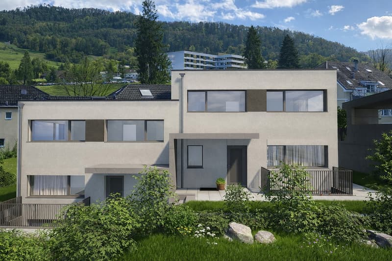 Two story house, modern design, balcony, windows, view of mountains