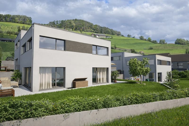 Modern detached house with large windows, sloped roof, elevated terrace, lush garden with various plants and grass, concrete retaining wall, hillside location with green slopes, small group of people in the garden, neighboring houses visible in the backgr