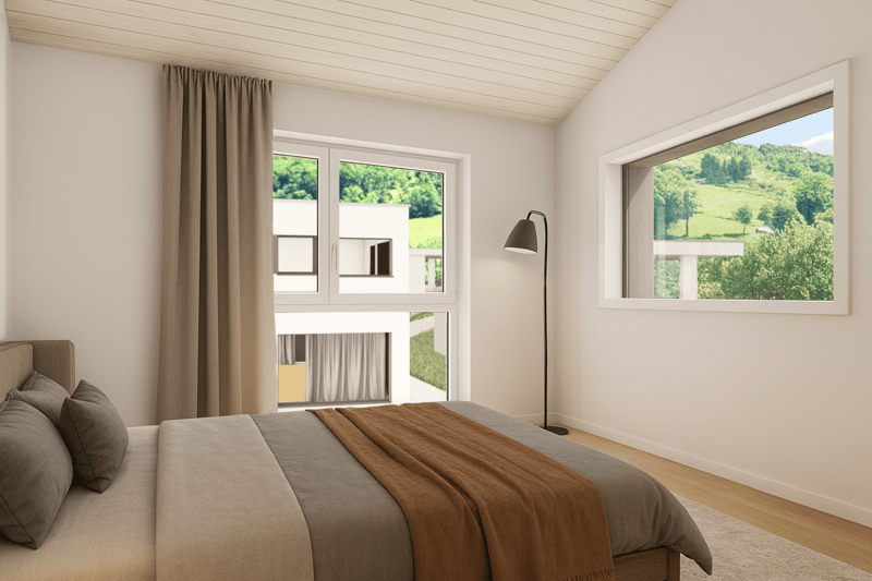 spacious bedroom with two large windows and green hill view