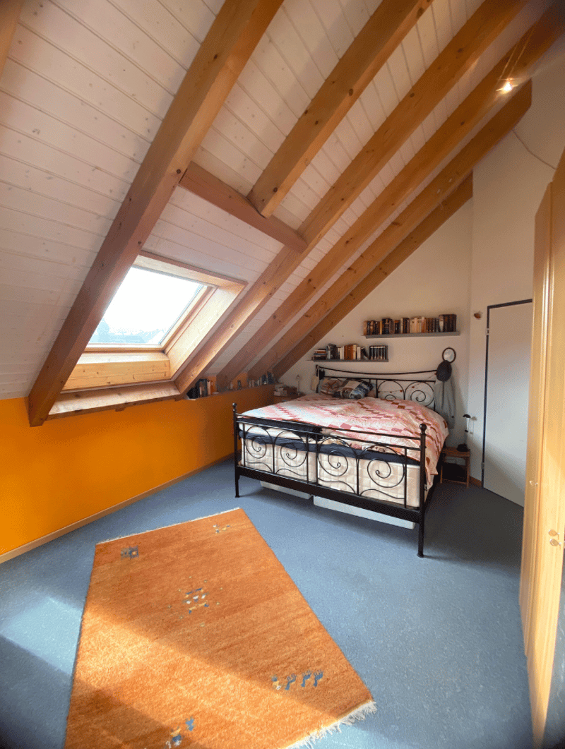 bedroom with wooden beams, orange rug, single bed, bookcases, skylight window