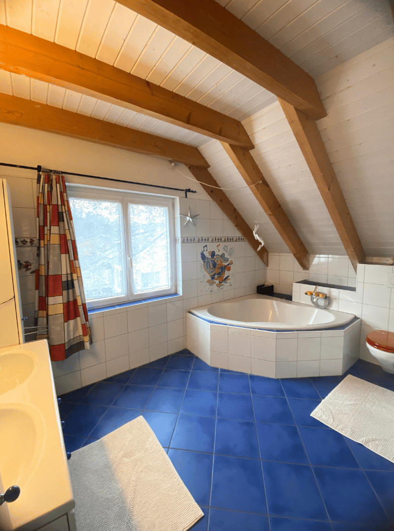 White and blue tiled walls, bathtub with shower, window, white sink, red toilet