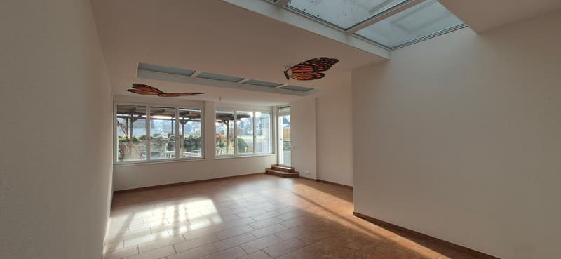 A room with white walls, brown floor, three windows, glass ceiling with skylights and butterfly decorations.