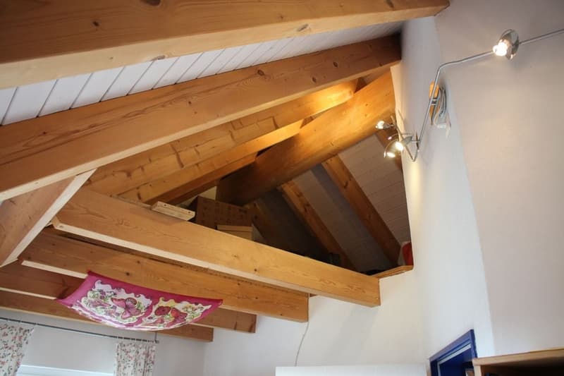 wooden ceiling, white walls, wooden beams, decorative lamp, floral lampshade, curtains