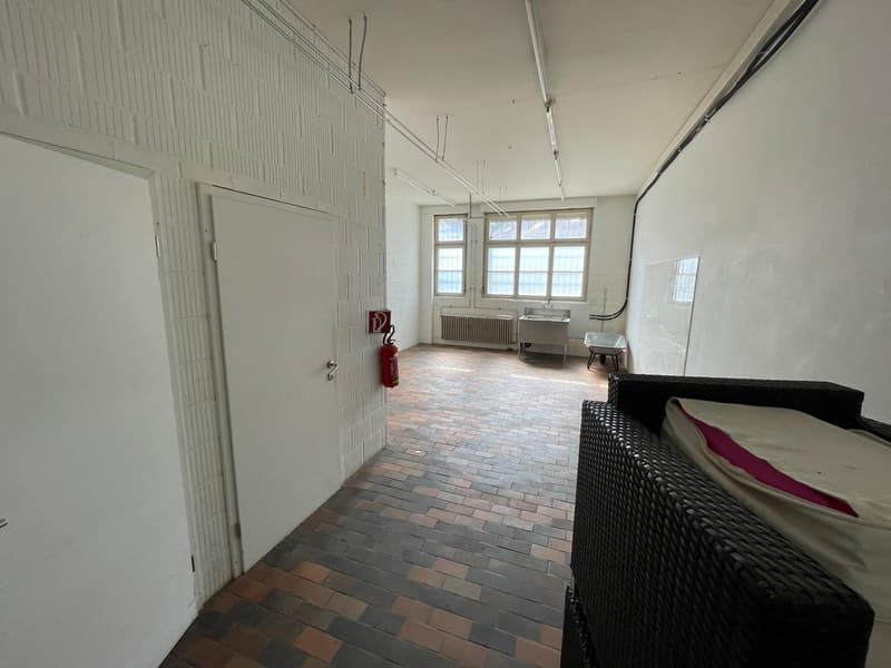 Empty hallway with brick floor, white walls, fire extinguisher, windows, sink, radiator, doors, couch